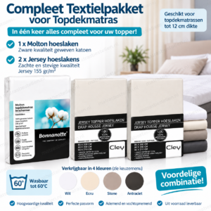 Textielpakket topper hoeslakens,1 molton + 2 hoeslakens